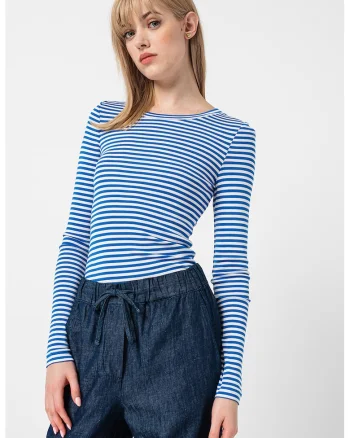 Bluza cu dungi si decolteu la baza gatului, Alb/Albastru royal