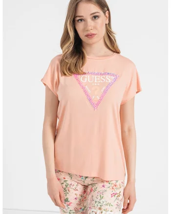Tricou supradimensionat cu aplicatii frontale, Alb/Piersica