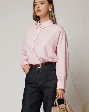 Camasa roz cu dungi cu maneci lungi si croi oversize