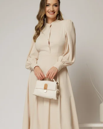 Rochie DY Fashion bej din triplu voal cu guler tunica si nasturi tip floare