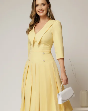 Rochie DY Fashion galbena cu decolteu cu guler ascutit si fusta plisata