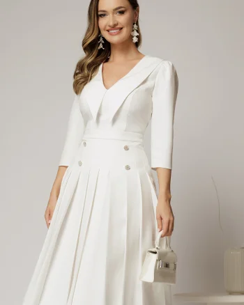 Rochie DY Fashion alba cu decolteu cu guler ascutit si fusta plisata