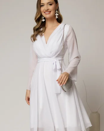 Rochie DY Fashion scurta din voal alb cu decolteu petrecut si cordon in talie
