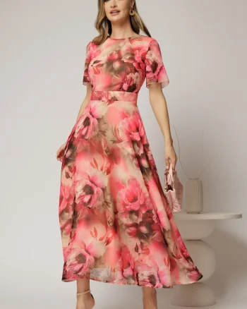Rochie DY Fashion lunga cu imprimeu rosu zmeura din voal creponat cu rijelina