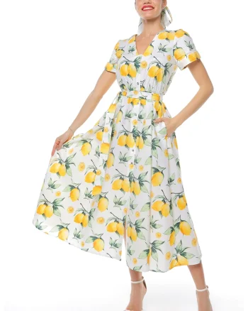 Rochie-camasa cu cordon in talie, Alb/Galben