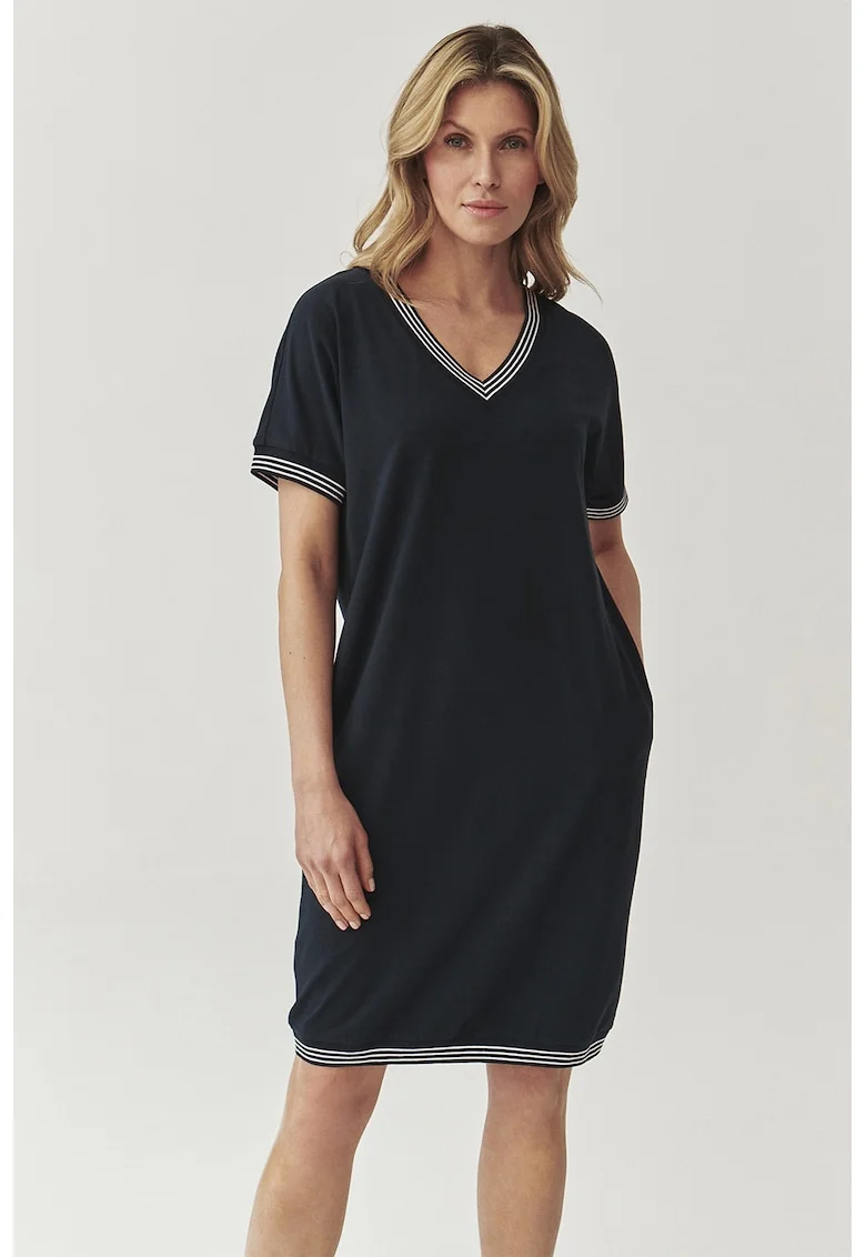 Rochie dreapta din amestec de modal cu terminatii contrastante, Negru/Alb optic