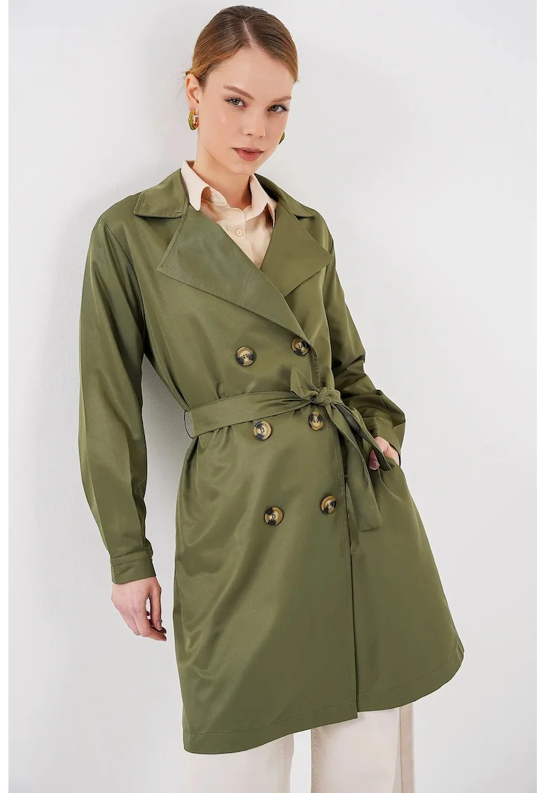 Palton dama HiCCUP, cu doua randuri de nasturi, textil, verde