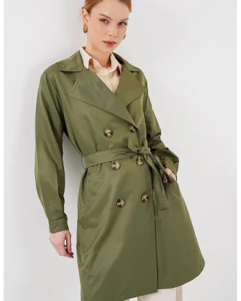 Palton dama HiCCUP, cu doua randuri de nasturi, textil, verde