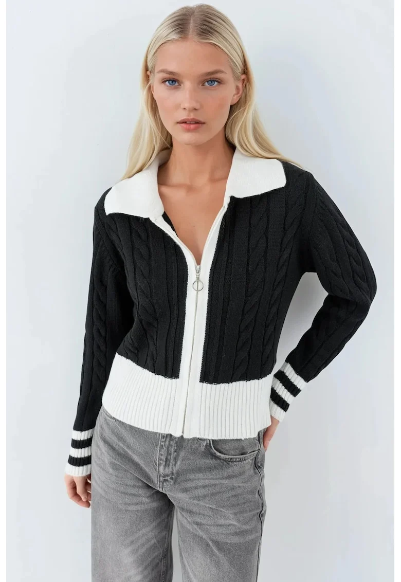 Pulover dama,  cardigan cu guler polo si fermoar, negru, tricot, One Size