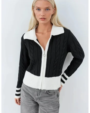 Pulover dama,  cardigan cu guler polo si fermoar, negru, tricot, One Size
