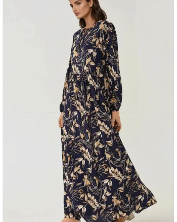 Rochie maxi,  imprimeu floral, albastra, viscoza