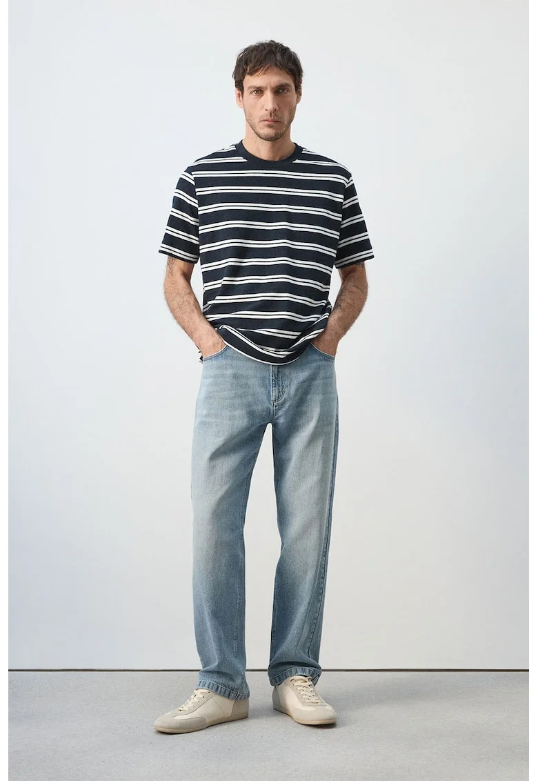 Tricou din amestec de bumbac cu model in dungi, Alb/Bleumarin