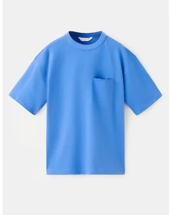 Tricou uni din bumbac cu buzunar pe piept, Albastru