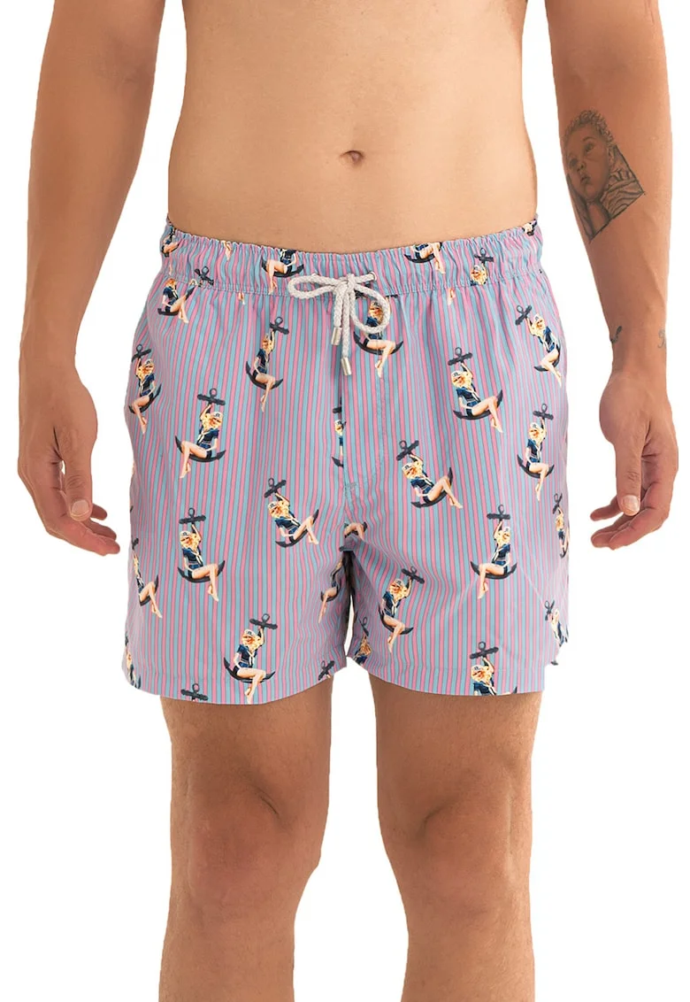 Pantaloni scurti de baie cu model si snur, Roz deschis/Albastru azur/Bleumarin