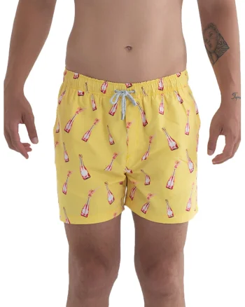 Pantaloni scurti de baie cu model si snur, Alb/Roz zmeuriu/Galben pai