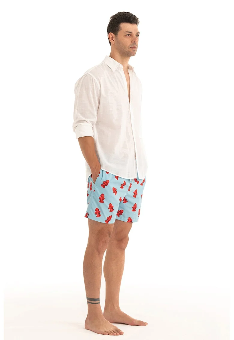 Pantaloni scurti de baie cu model si snur, Albastru azur/Rosu vermillion