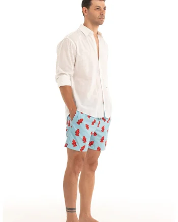 Pantaloni scurti de baie cu model si snur, Albastru azur/Rosu vermillion