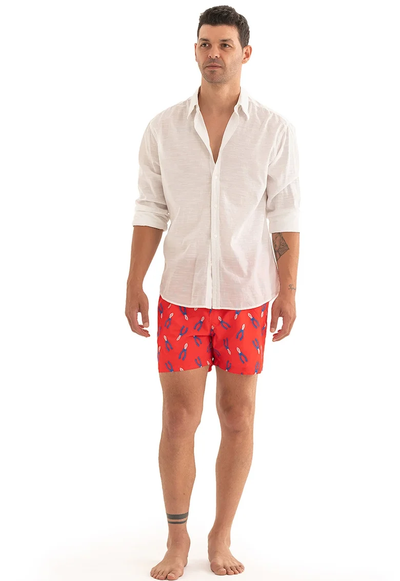 Pantaloni scurti de baie cu model si snur, Gri deschis/Albastru royal/Rosu vermillion