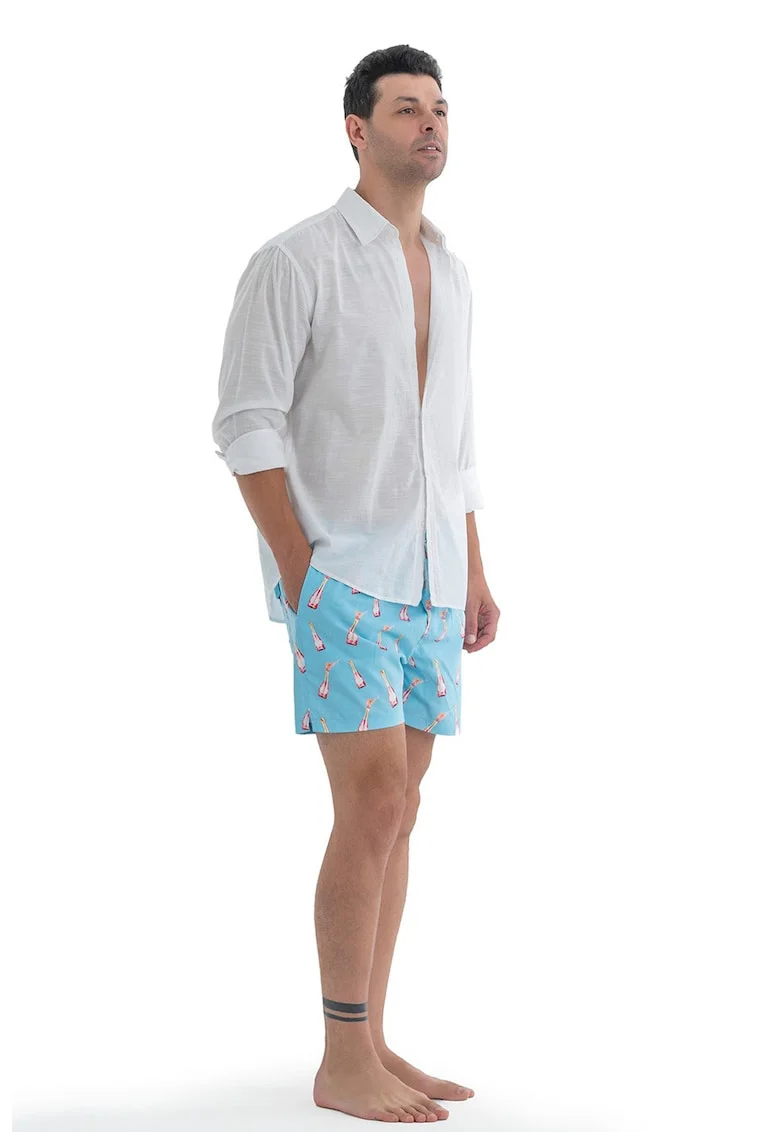 Pantaloni scurti de baie cu model si snur, Albastru lavanda/Roz fandango/Galben pal