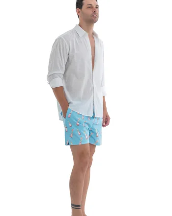 Pantaloni scurti de baie cu model si snur, Albastru lavanda/Roz fandango/Galben pal