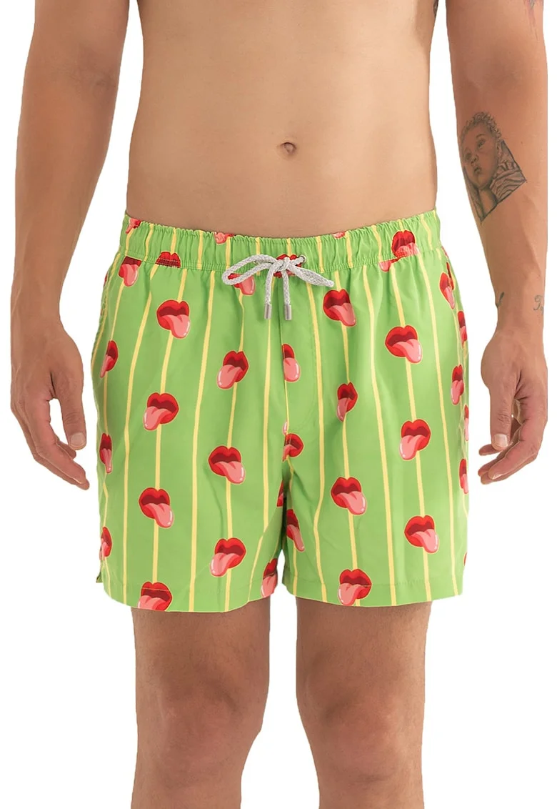 Pantaloni scurti de baie cu model si snur, Galben pai/Rosu vermillion/Verde lime