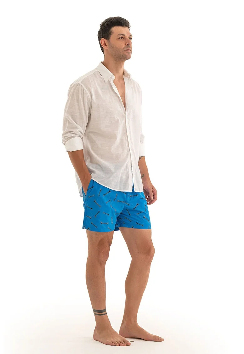 Pantaloni scurti de baie cu model si snur, Negru/Albastru royal