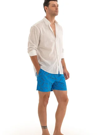 Pantaloni scurti de baie cu model si snur, Negru/Albastru royal