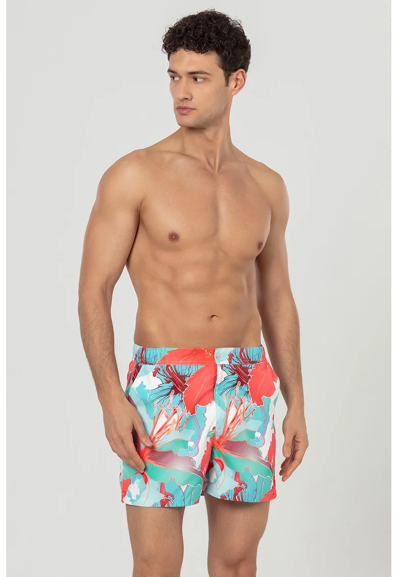 Pantaloni scurti de baie cu buzunare laterale, Coral/Albastru glaciar/Verde persan