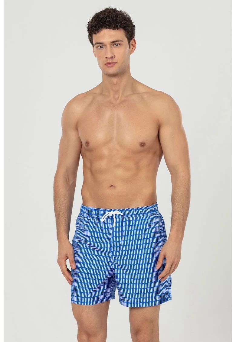 Pantaloni scurti de baie cu buzunare si snur, Alb/Albastru royal