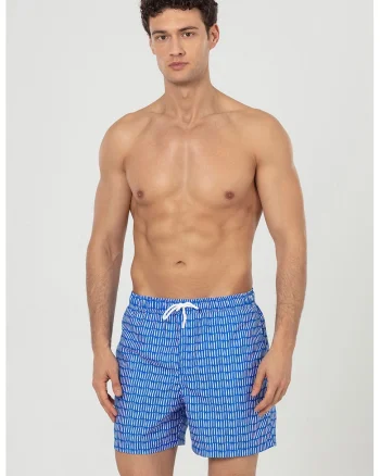Pantaloni scurti de baie cu buzunare si snur, Alb/Albastru royal