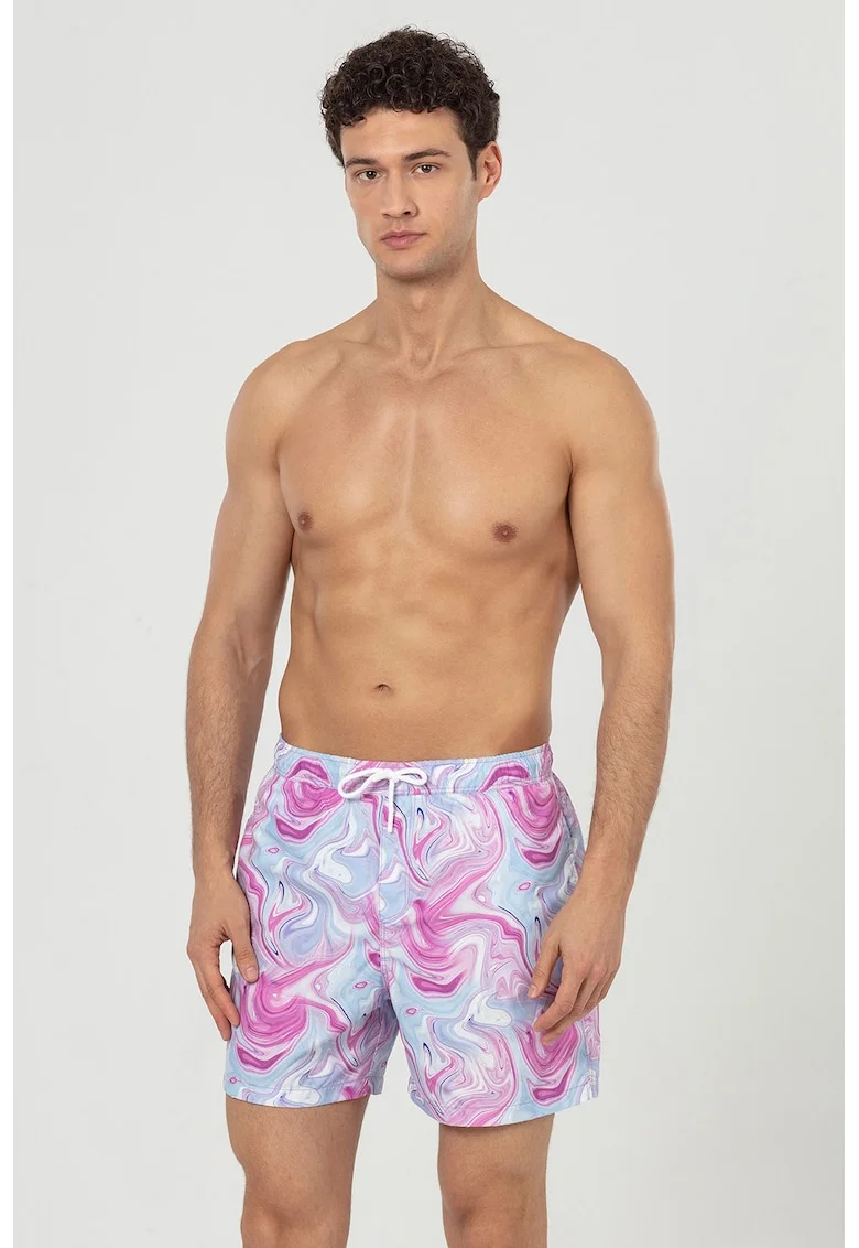 Pantaloni scurti de baie cu buzunare si snur, Roz fandango/Albastru azur