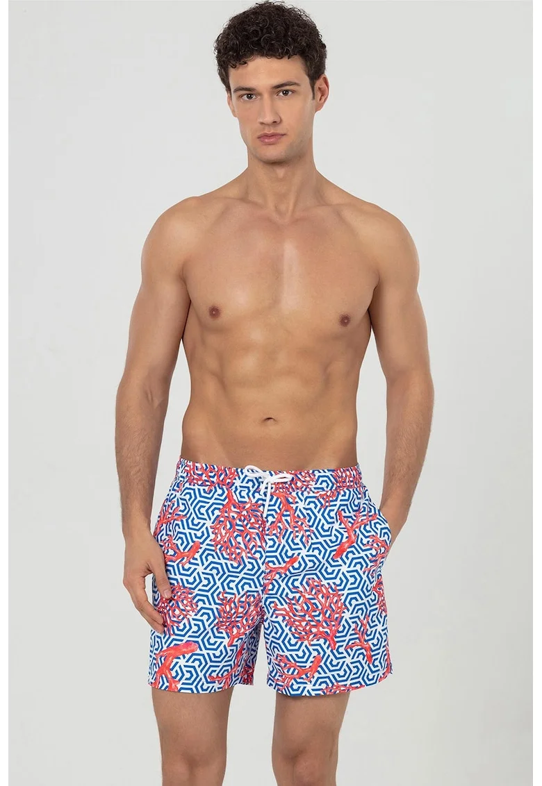 Pantaloni scurti de baie cu buzunare si snur, Albastru inchis/Coral/Alb optic