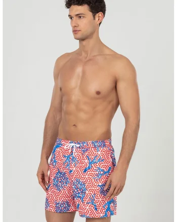 Pantaloni scurti de baie cu buzunare si snur, Albastru inchis/Alb optic/Rosu vermillion