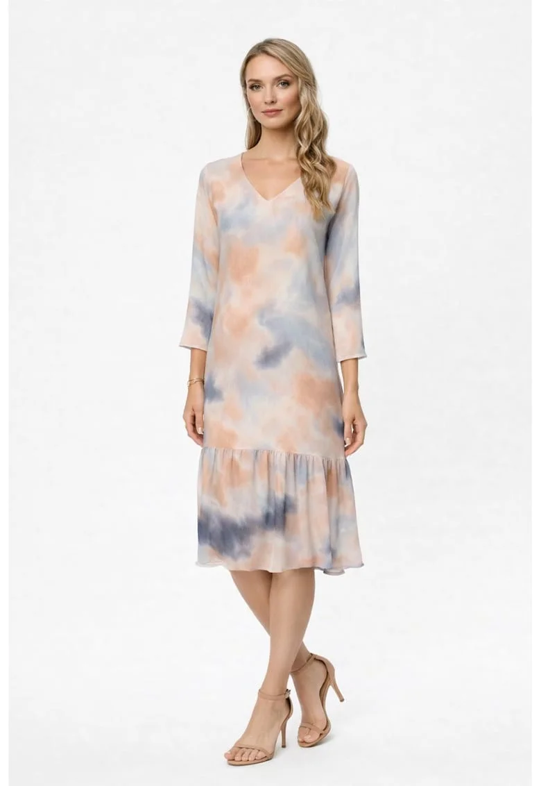 Rochie midi cu decolteu in V Yvona, Portocaliu/Bleumarin