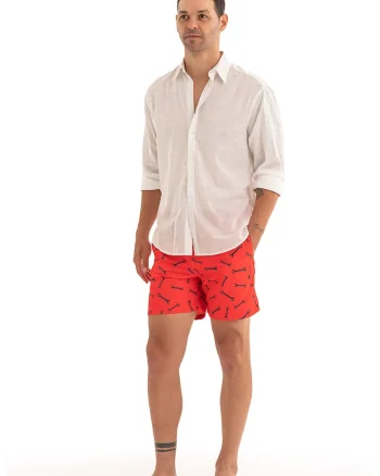 Pantaloni scurti de baie cu model si snur, Negru/Rosu vermillion