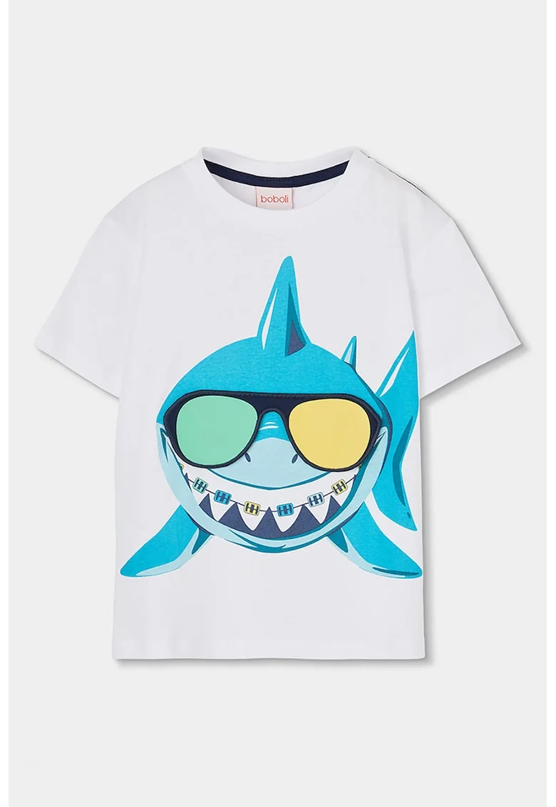 Tricou din bumbac cu imprimeu cu rechin, Alb