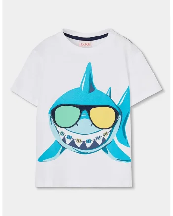 Tricou din bumbac cu imprimeu cu rechin, Alb