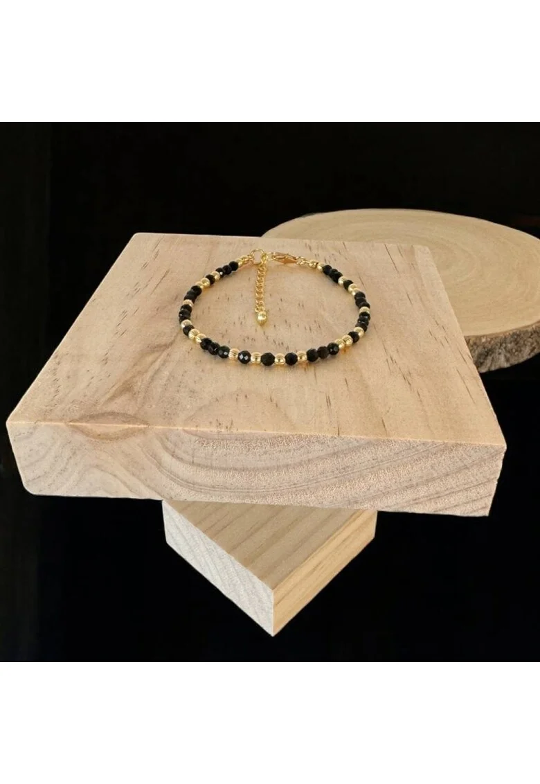 Bratara dama handmade din Obsidian Amina cu bilute din argint placat cu aur