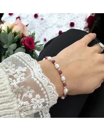 Bratara dama eleganta Munira cu perle de cultura si Rubin natural cu argint 925