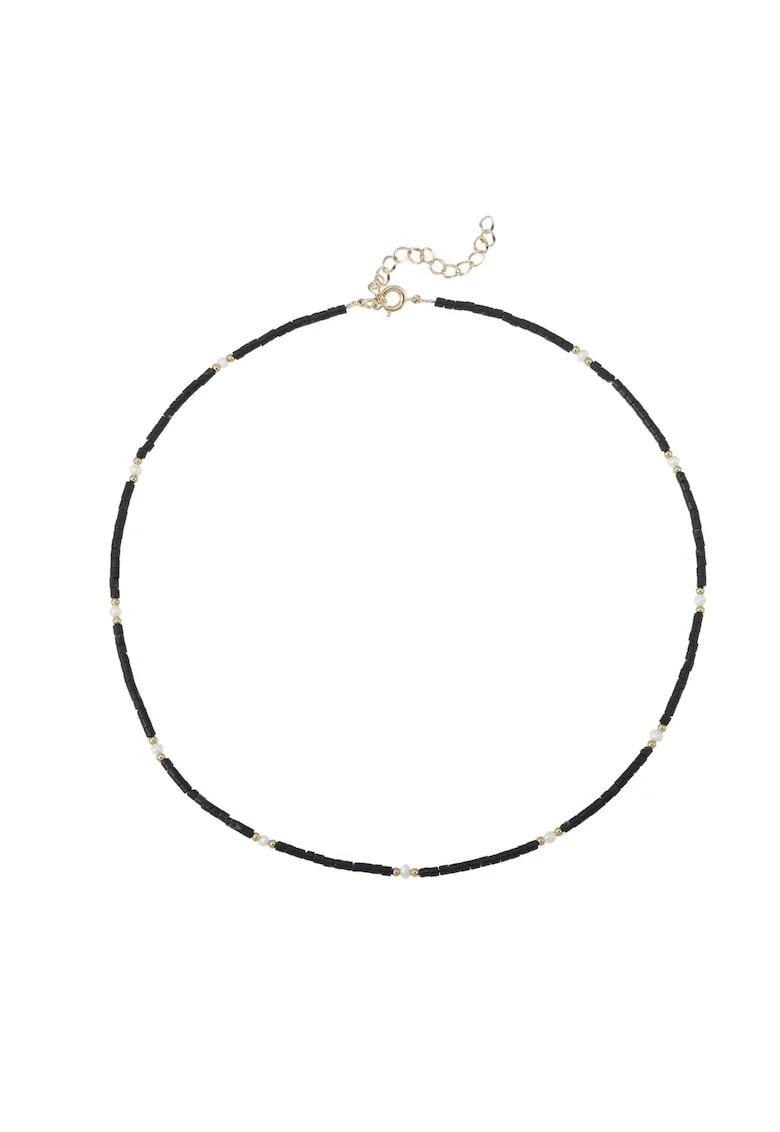 Colier Choker  din cristale de Agat Negru si Perle Naturale Lenny, alama placata cu aur