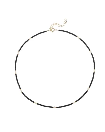 Colier Choker  din cristale de Agat Negru si Perle Naturale Lenny, alama placata cu aur