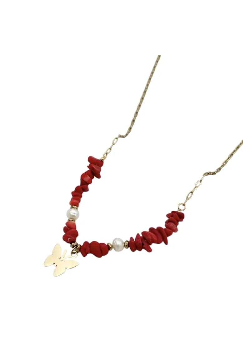 Colier boho  cu cipsuri de Coral Rosu si Perle naturale din otel inoxidabil, placat cu aur de 14K