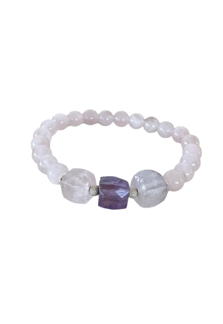 Bratara femei  din cristale de Cuart Roz de madagascar si Ametist cu accesorii din argint 925, 17-18 cm