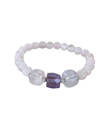 Bratara femei  din cristale de Cuart Roz de madagascar si Ametist cu accesorii din argint 925, 17-18 cm