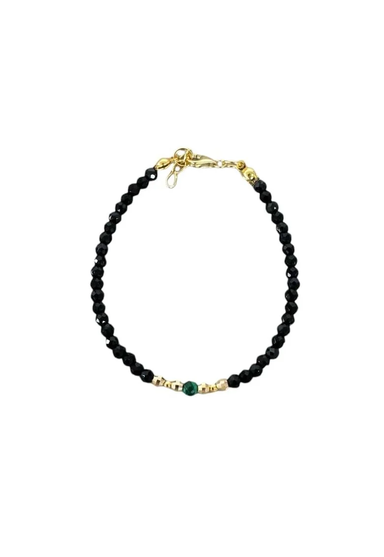 Bratara dama eleganta  Tara din spinel negru cu malachit si argint placat cu aur, 925