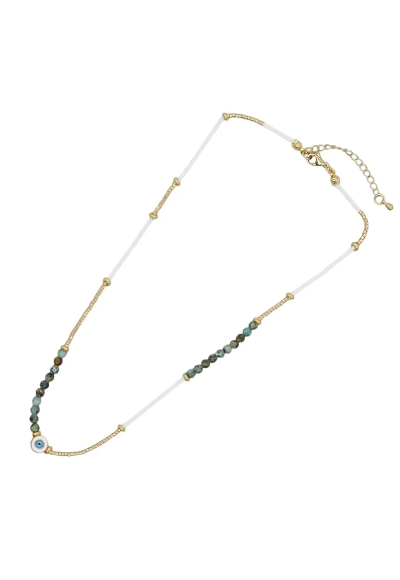 Colier margele  din Miyuki si Turcoaz African Enlai, cu Evil Eye, alama placata cu aur
