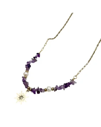 Colier boho  cu cipsuri de Ametist si perle din otel inoxidabil placat cu aur de 14K