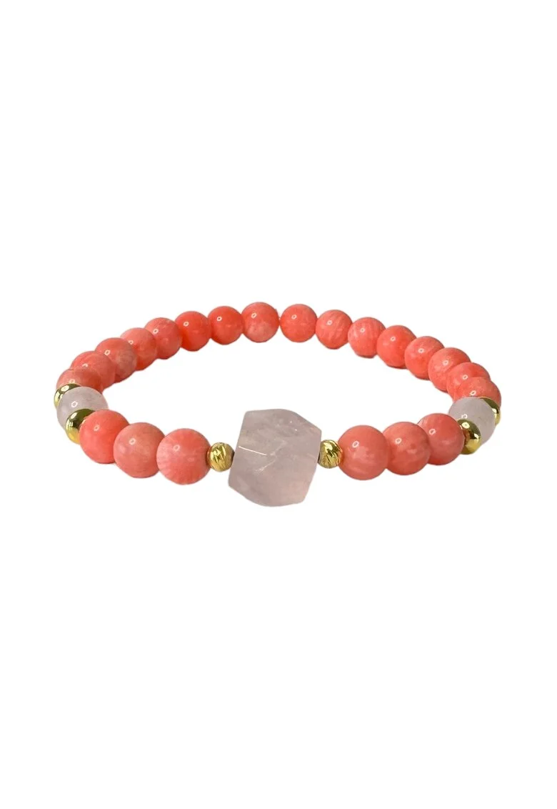 Bratara femei  din margele de coral si cuart roz cu accesorii din argint 925 placat cu aur, 17-18 cm
