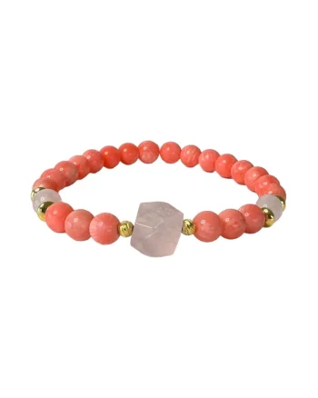 Bratara femei  din margele de coral si cuart roz cu accesorii din argint 925 placat cu aur, 17-18 cm