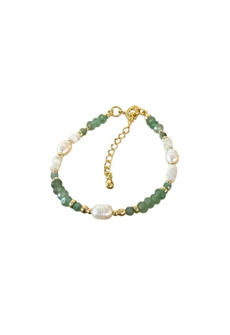 Bratara dama eleganta  Lana, din jad verde si perle naturale cu argint placat cu aur, 925